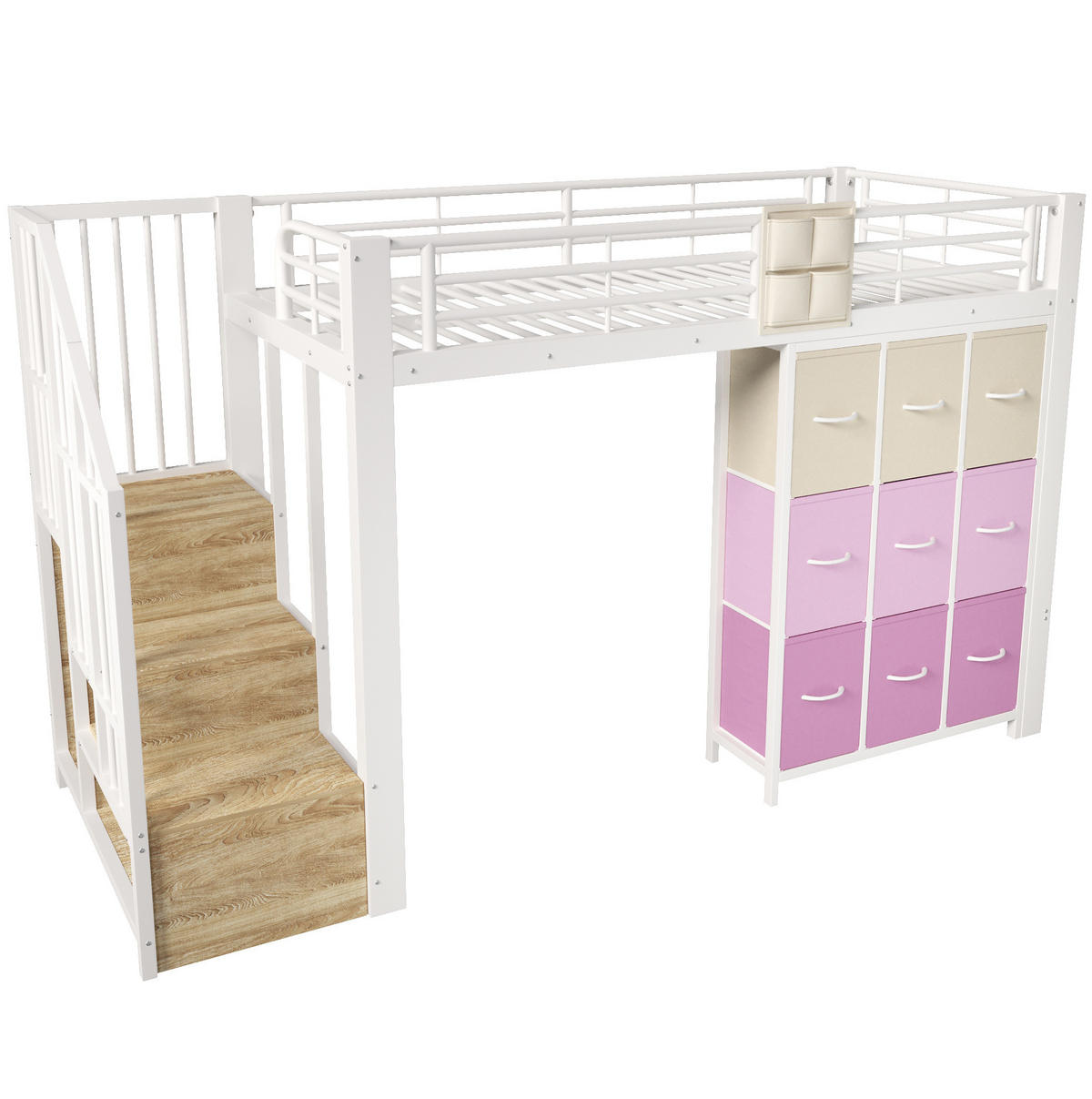 HOCHBETT 90/200 cm mit Stauraumtreppe, Schubladen und Kleiderstange, MDF/Metall, Weiß - Weiß, Holzwerkstoff (90/200cm) - Redom