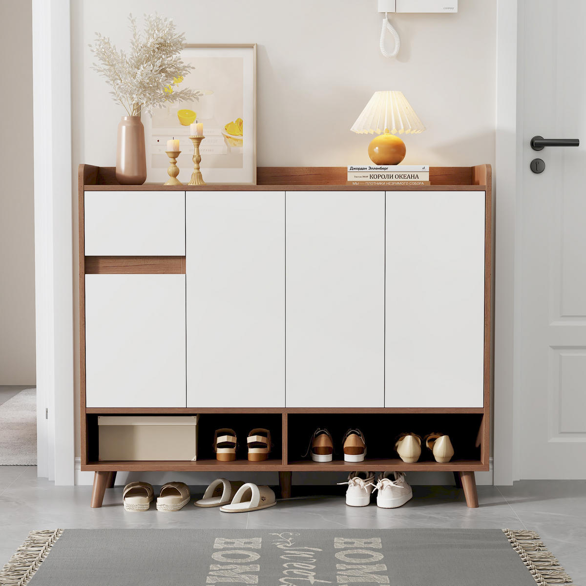 SCHUHSCHRANK aus Spanplatte 120x35x99cm in Natur mit 4 Türen & Schublade - Naturfarben, Holzwerkstoff (120/99/35cm) - Modfu