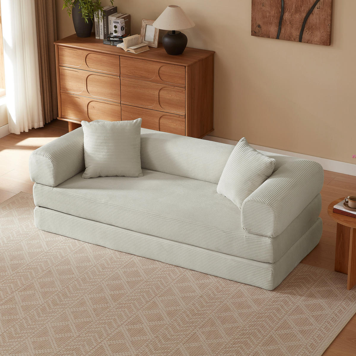 SCHLAFSOFA aus Cord in Beige 2-lagiges Design & zum Doppelbett ausklappbar - Beige, Textil (89/59/195cm) - Urban Meuble