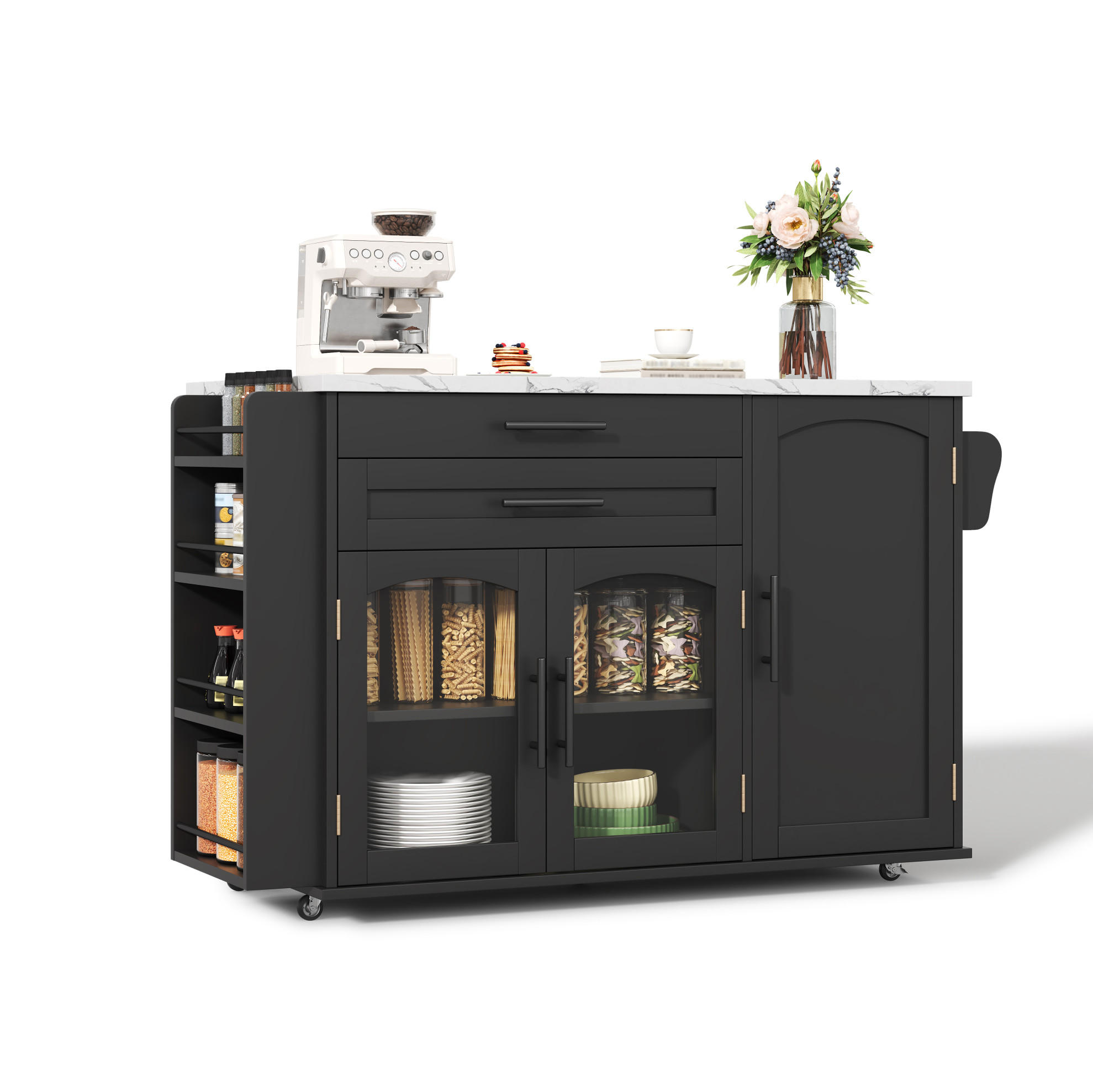 KÜCHENWAGEN 120/45-70/90 cm in Schwarz mit klappbarer Arbeitsfläche und Glastüren - Schwarz, Holzwerkstoff (138/90/70cm) - Flora Grace