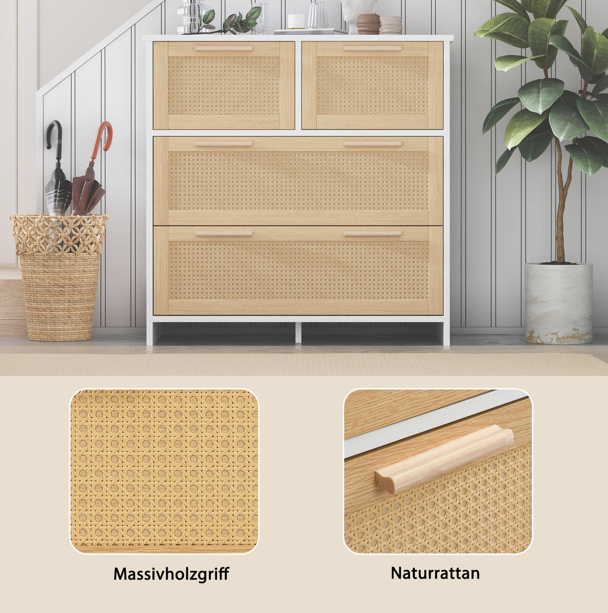 KOMMODE 80/38/80 cm aus MDF mit 4 Schubladen und Rattanfronten Natur/Weiß - Weiß, Holzwerkstoff (80/38/80cm) - Modenvie