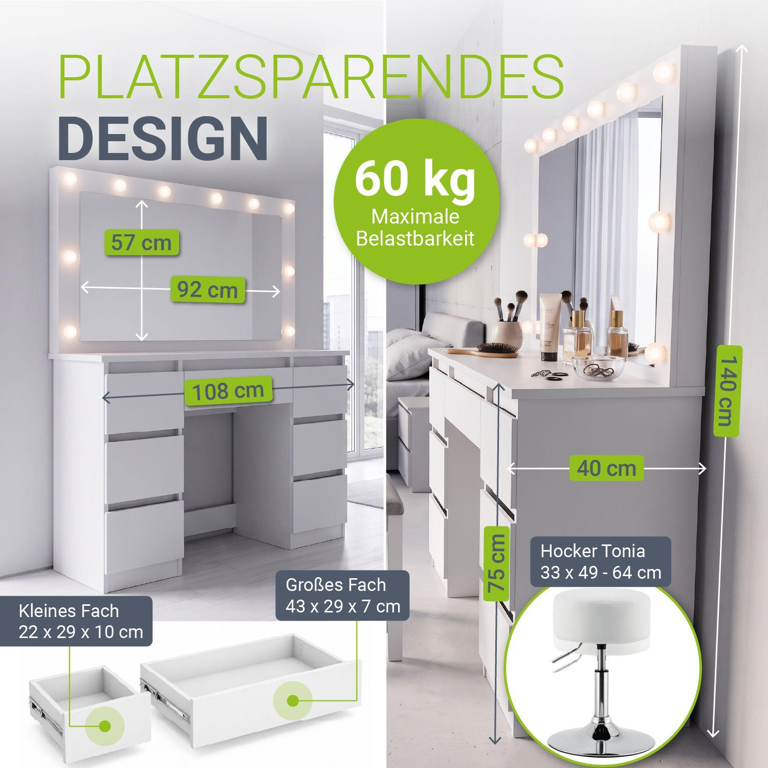 SCHMINKTISCH Lilia weiß mit LED-Beleuchtung und Hocker Tonia - Weiß, Holz (108/140/41cm) - Juskys