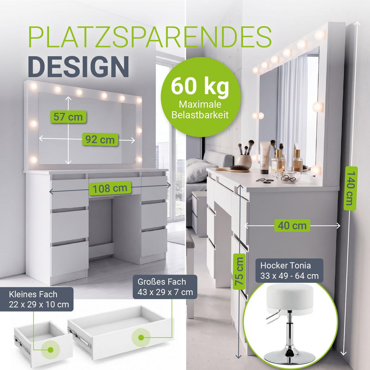 SCHMINKTISCH Lilia weiß mit LED-Beleuchtung und Hocker Tonia - Weiß, Holz (108/140/41cm) - Juskys