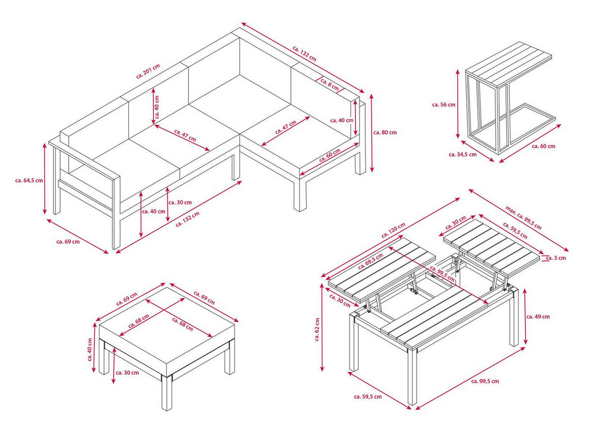 GARTENLOUNGE-SET Braga Grau Aluminium höhenverstellbarer Tisch für 5 Personen - Grau, Kunststoff - bellavista - Home & Garden