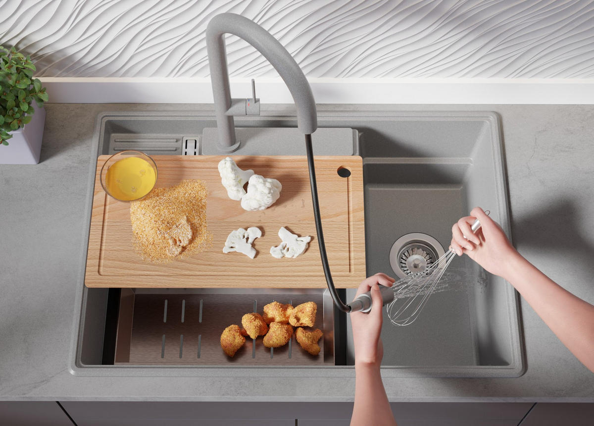 GRANITSPÜLE Paris, 2-er set Grau 78/53 cm 2 Becken + Küchenarmatur 32/20 cm + Ablauf-Set + Küchenzubehörset ab 80er Unterschrank - Chromfarben/Edelstahlfarben, Kunststoff (78/20/53cm) - Primagran