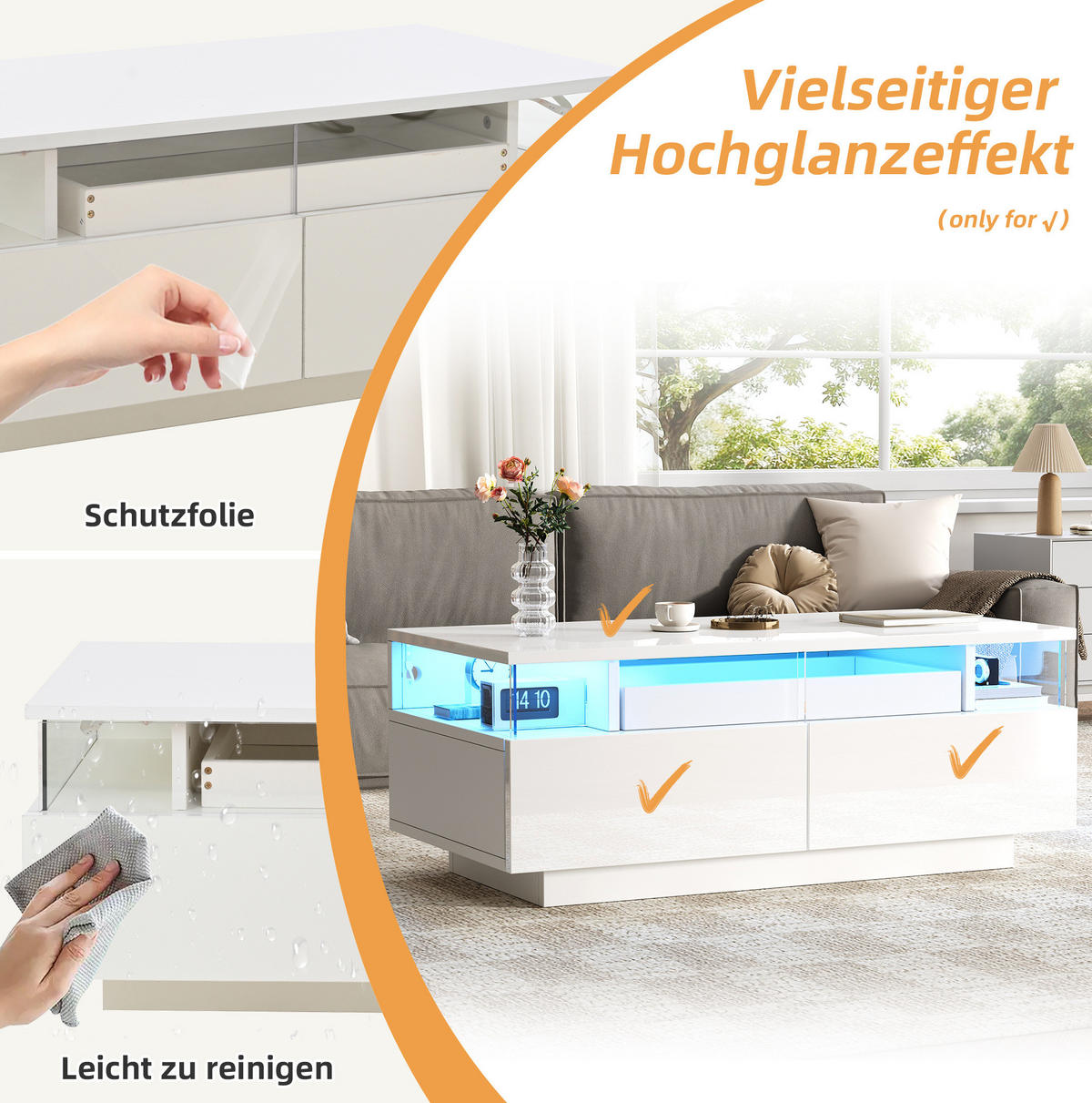 COUCHTISCH 90/45/35,5 cm mit LED-Beleuchtung, herausnehmbarem Tablett und 2 Schubladen, Hochglanz mit Hartglas, Weiß - Weiß, Holzwerkstoff (90/45/35.5cm) - Redom