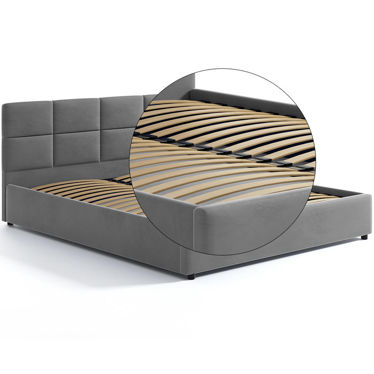 POLSTERBETT 160×200 mit Bettkasten und Lattenrost Mika HLR-22 Grau Velours - Grau, Holz (160/200cm) - Jana