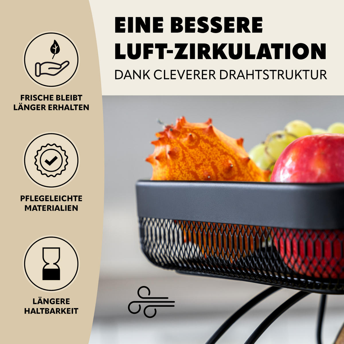 OBSTETAGERE mit Bananenhalter, schwarz, eckig - Schwarz, Metall (31/38.5cm) - eluno