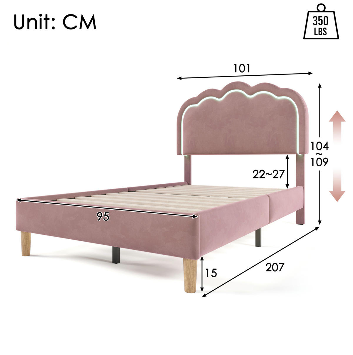 POLSTERBETT 90/200 cm Rosa aus Samt mit LED-Kopfteil - Pink, Textil (90/200cm) - OKMYHOME