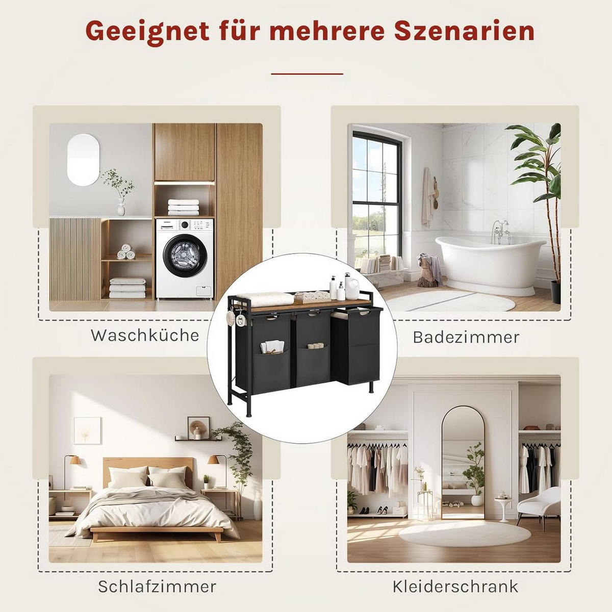 WÄSCHEKORB 3 Fächer, jedes 40 L, Schwarz+Vintagebraun - Dunkelbraun/Schwarz, Holzwerkstoff/Textil (96/71/30cm) - Woltu