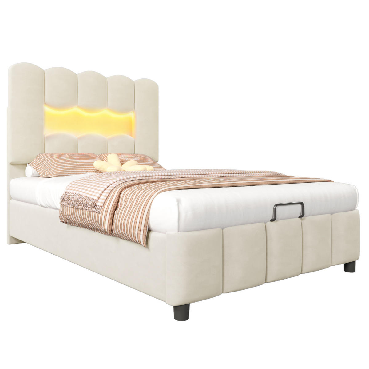 SAMT-POLSTERBETT 90/200 cm mit Bettkasten, LED-Beleuchtung & verstellbarem Kopfteil - Beige, Textil (90/200cm) - BEAOK
