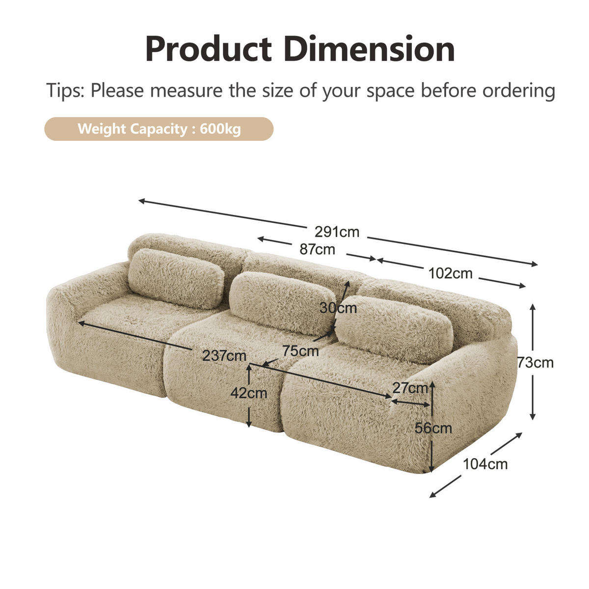 ECKSOFA modular mit rutschfester Basis Plüsch Hellkhaki - Beige, Kunststoff (104/73/291cm) - Meubliv