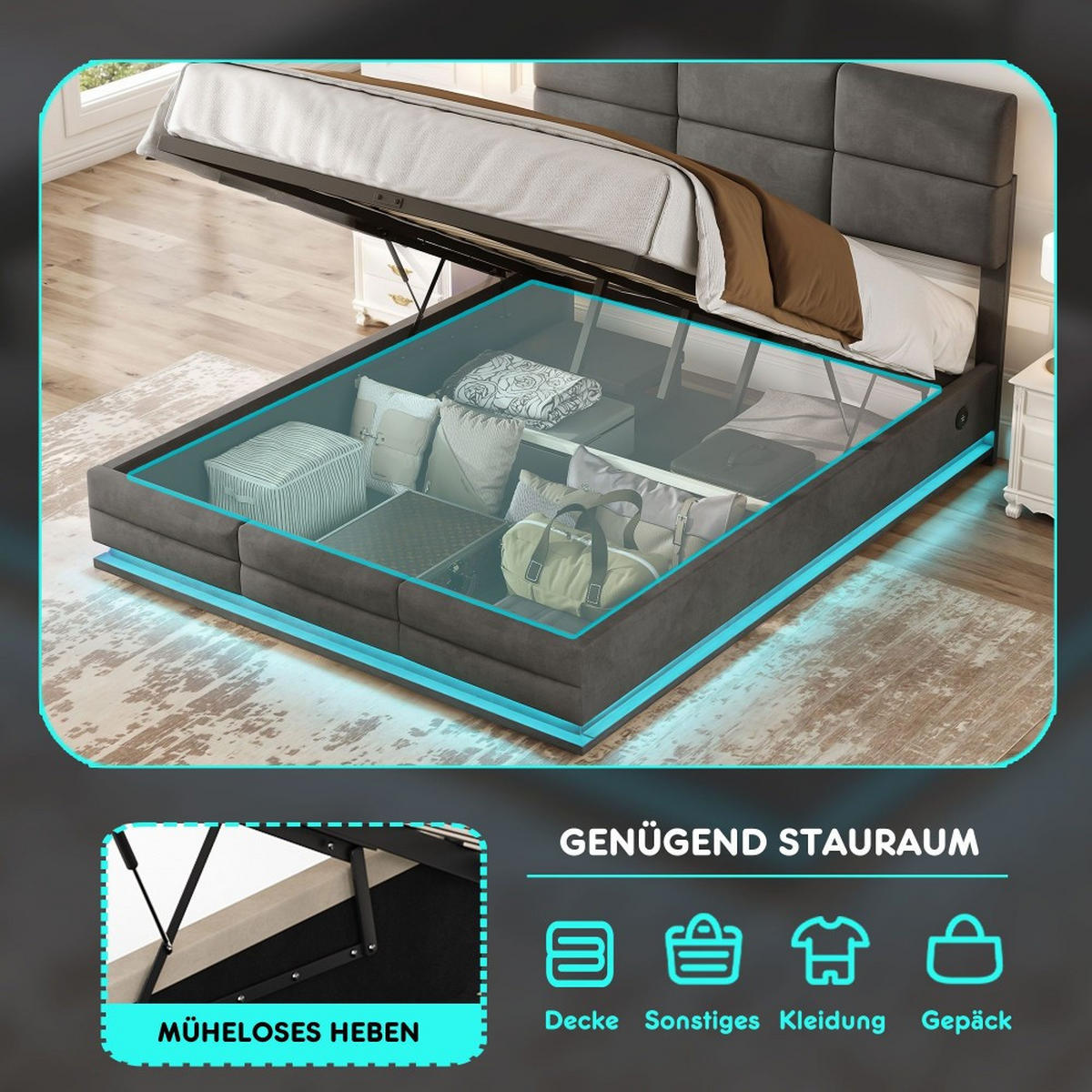 BOXBETT 140/200 mit Bettkasten, LED, USB/Typ C-Ladeanschluss,Samt,Grau - Grau, Holz (140/200cm) - LVHOM