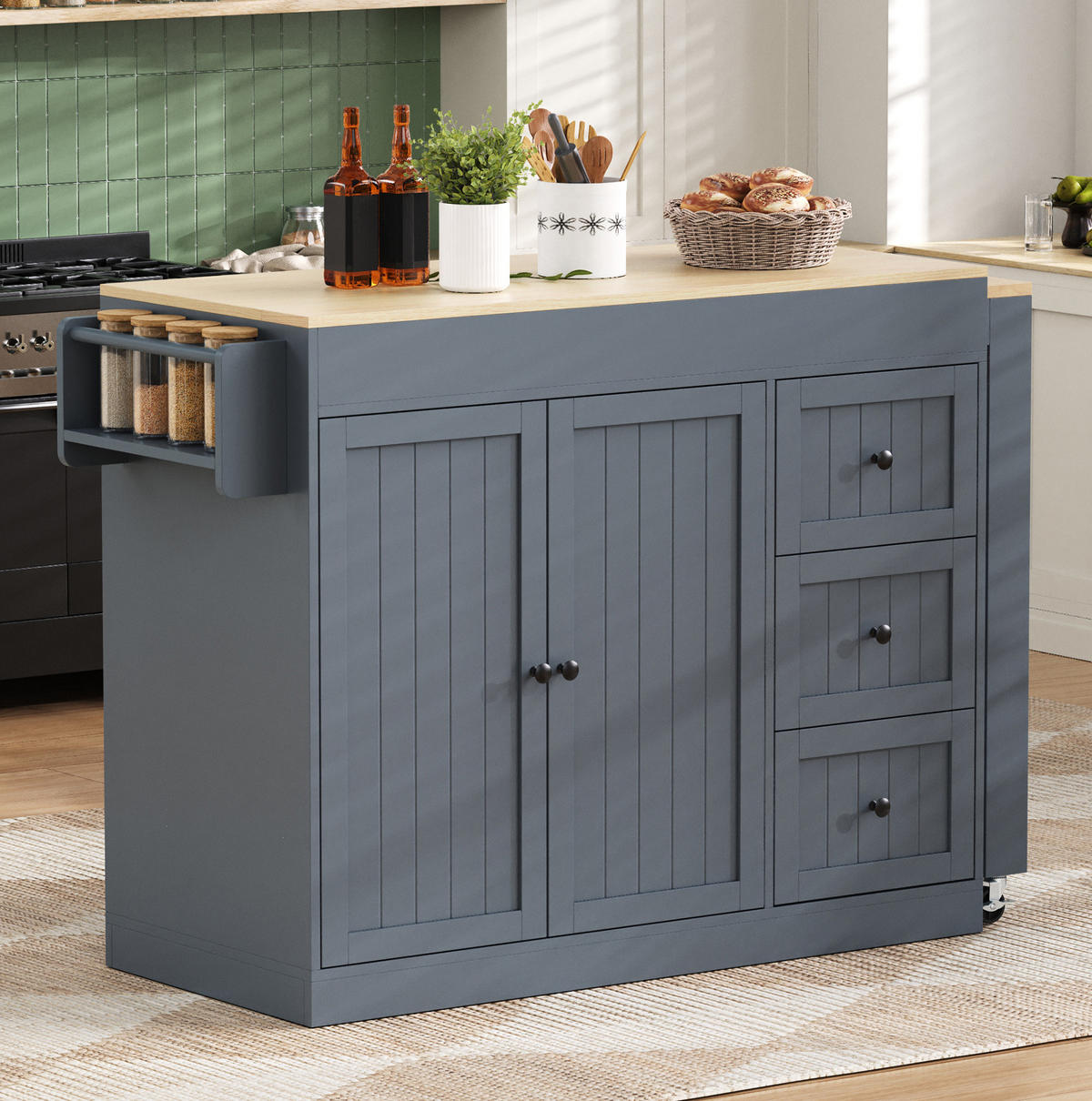 KÜCHENINSEL aus MDF 130x45x93 cm Grau mit ausziehbarer Arbeitsplatte, Rollen, 3 Schubladen und Gewürzregal - Grau, Holzwerkstoff (130/93/45cm) - Modfu