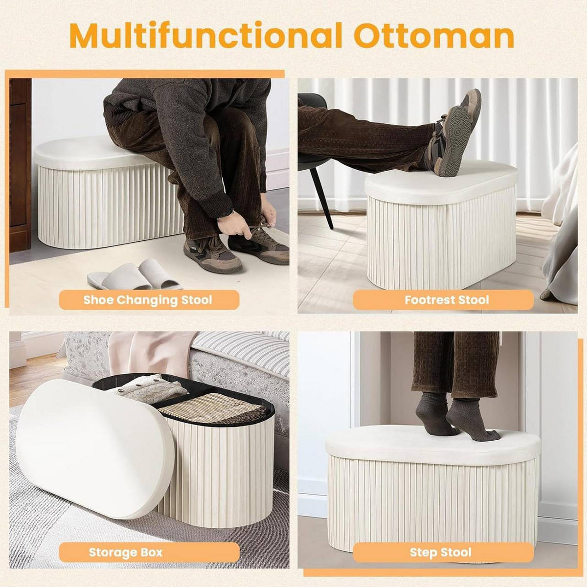 SITZHOCKER mit Deckel Stauraum, 76x38x38 cm, Creme - Creme, Textil (78/38/38cm) - Woltu