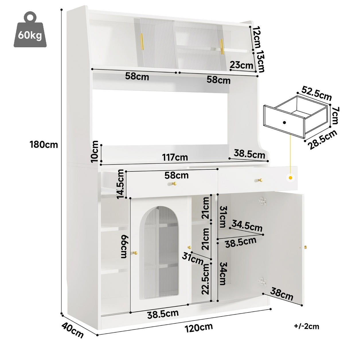 KÜCHENSCHRANK weiß mit LED, Buffetschrank mit Glastür, 120/180/40 cm, MDF, Weiß, MIT APP-STEUERUNG, Küchenanrichte mit 2 Schubladen - Weiß, Holzwerkstoff (40/180/120cm) - Rolipo