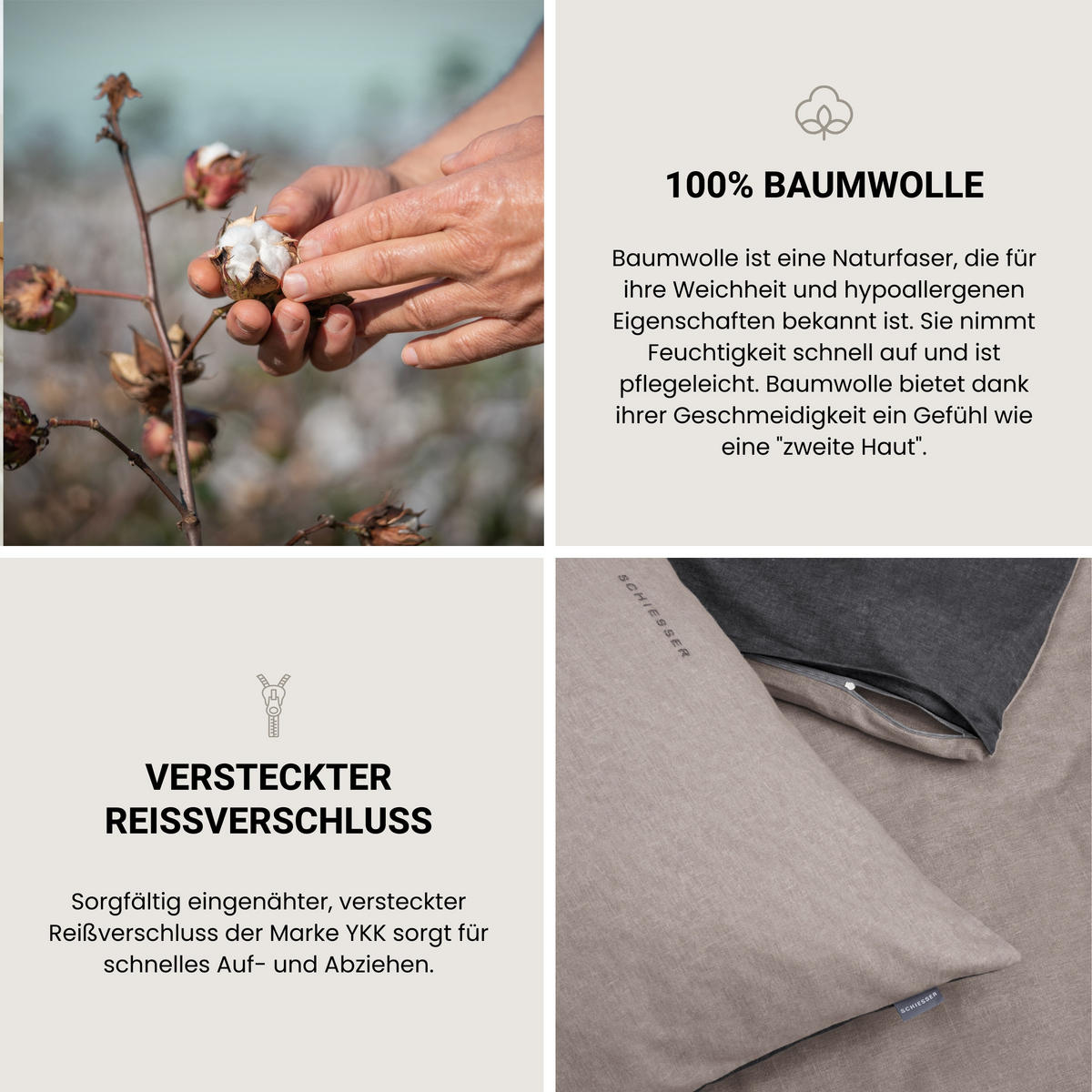 BETTWÄSCHESET Doubleface - Feinbiber - 2-teilig - 155 x 220 cm - Taupe-Schwarz - Schwarz, Textil (155/220cm) - SCHIESSER