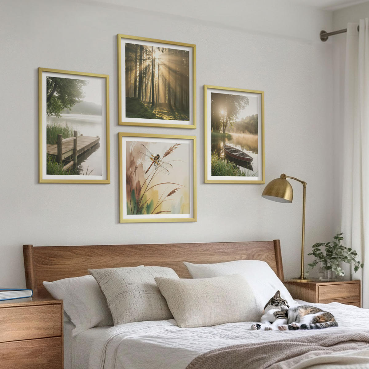 BILDER SET 4er Set - 50x50 cm & 40x60 cm Goldrahmen - See, Wald, Boot, Morgennebel - Goldfarben, Kunststoff (50/50cm) - TULUP
