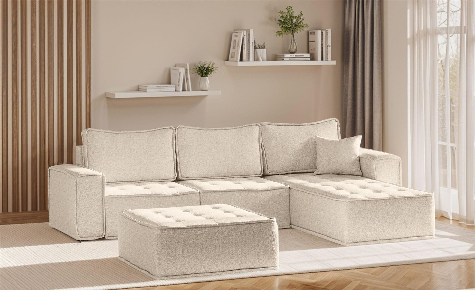 ECKSOFA Sande In Raven - Creme, Holzwerkstoff/Textil (292/192cm) - Fun Möbel
