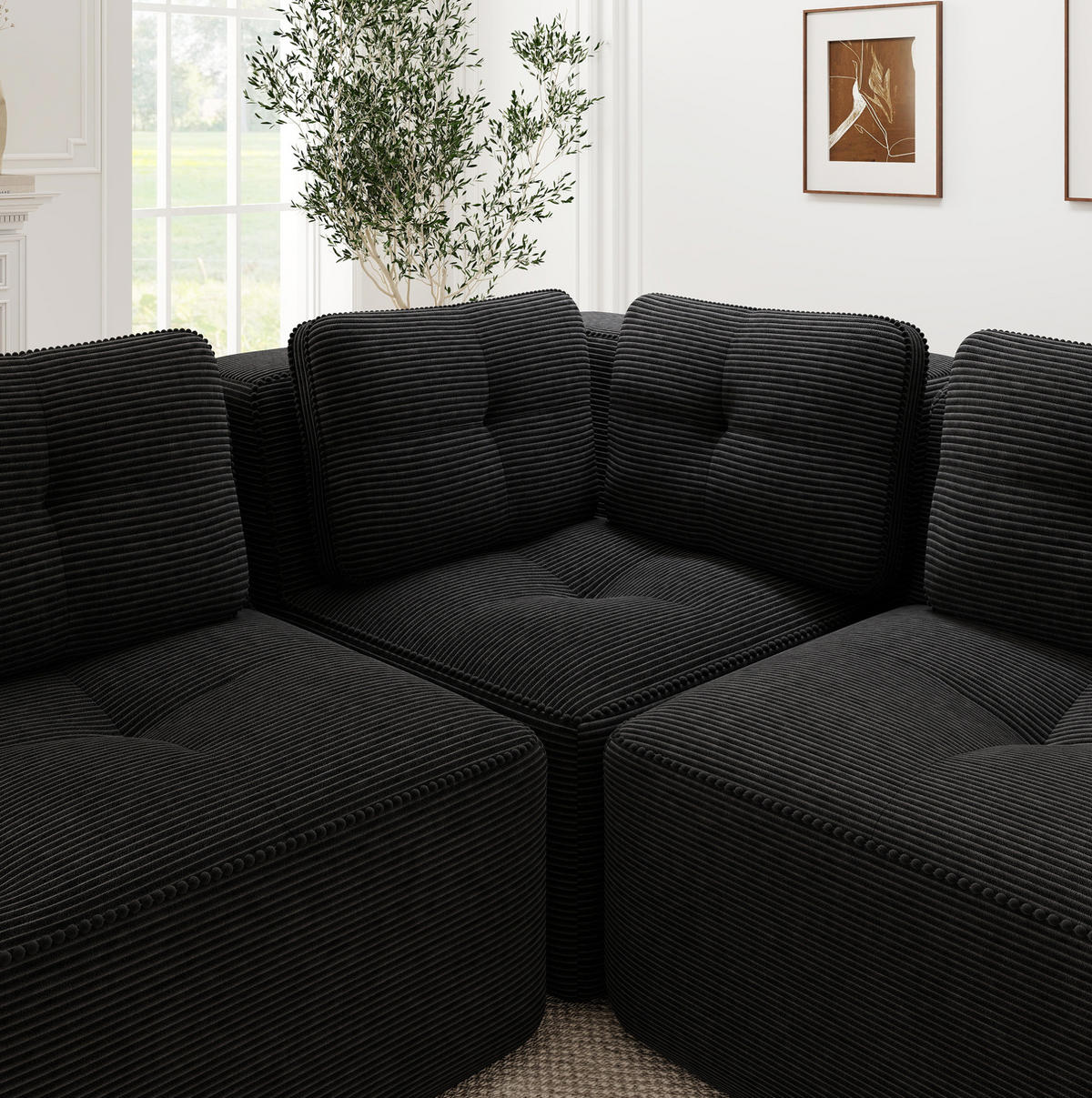 ECKSOFA 208/177/69 cm schwarz aus Cord mit modularem Design und beweglichem Hocker - Schwarz, Textil (177/208cm) - OKWISH