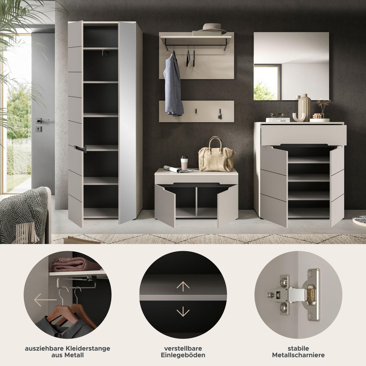 GARDEROBE Nova 5-tlg. (B/H/T: ca. 255/190/37 cm) in Basalt grau/weiß - Kaschmir, Holzwerkstoff (255/190/37cm) - Homes & Jones