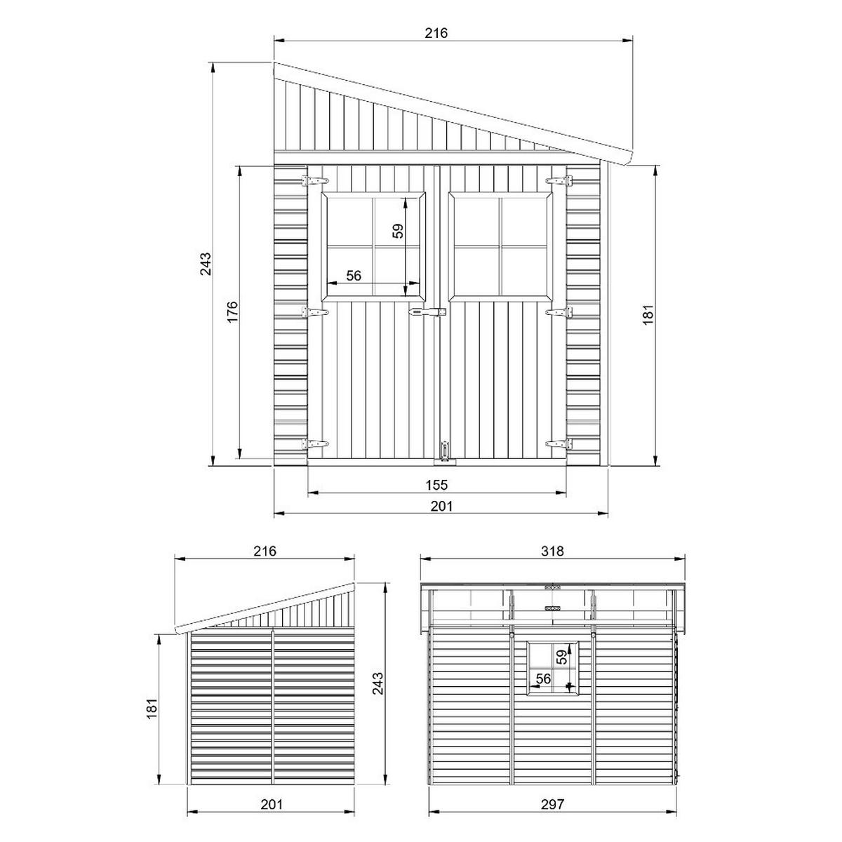 HOLZ-GARTHENHAUS (ohne Seitenwand) MIT IMPRÄGNIERTEM BODEN - H244x211x318 cm/6,02 m2 - M339+M339G - Beige, Holz (216/249/297cm) - Timbela