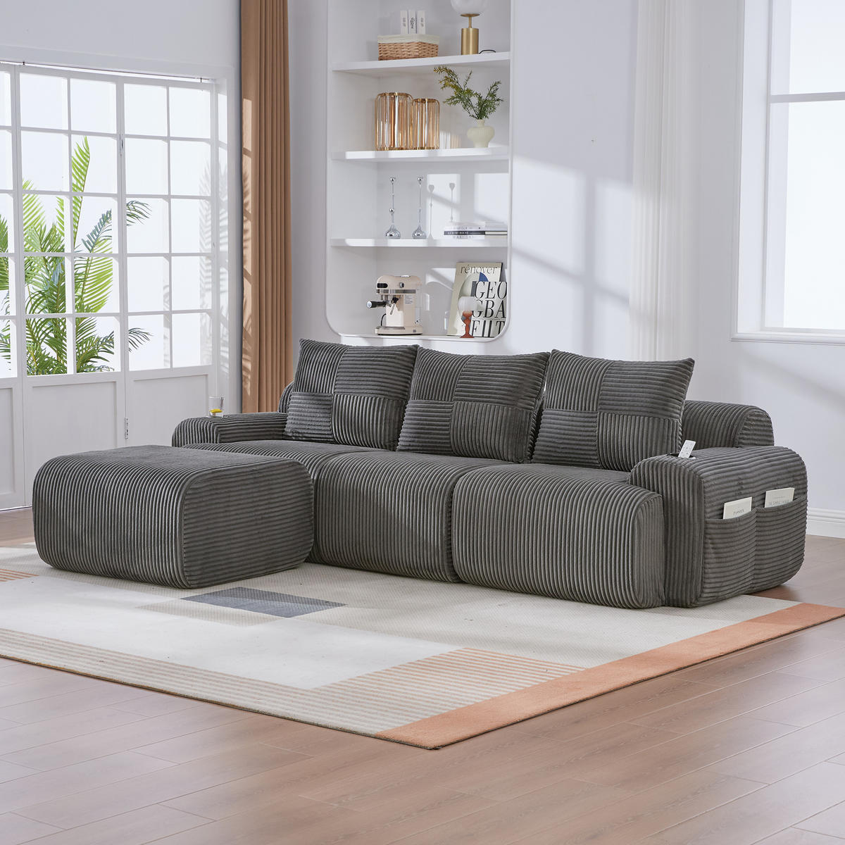 SOFA modular 268 x 174 x 80 cm Corduroy Dark Gray 3-Sitzer - Dunkelgrau, Kunststoff (174/268.1cm) - Meubliv