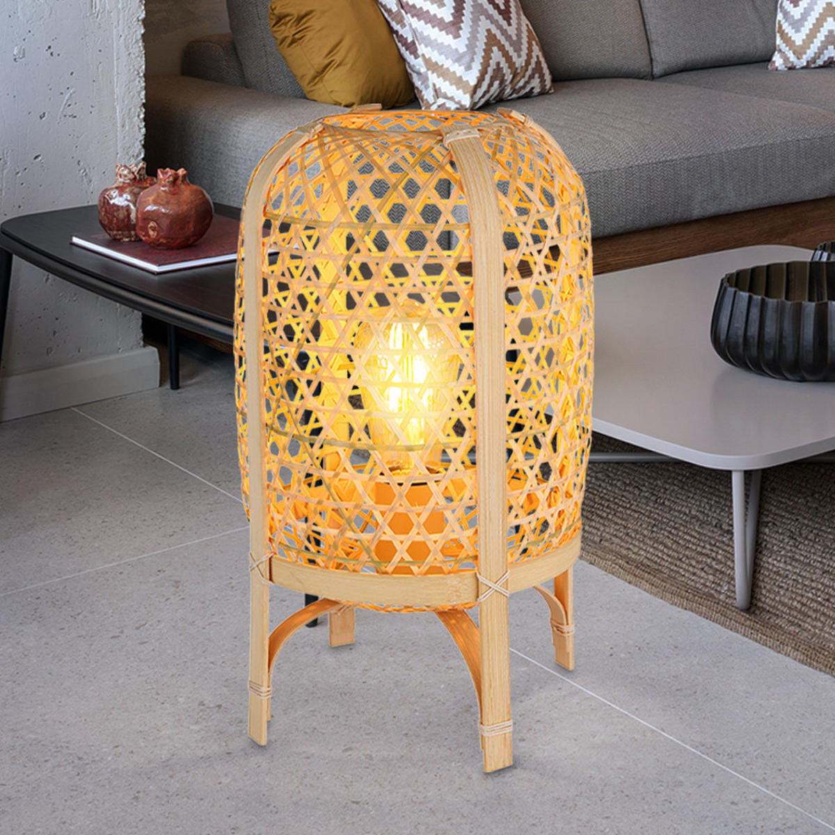 LED TISCHLEUCHTE Bambus Braun Geflecht - Braun, Holz (22/22/37cm) - Globo Lighting