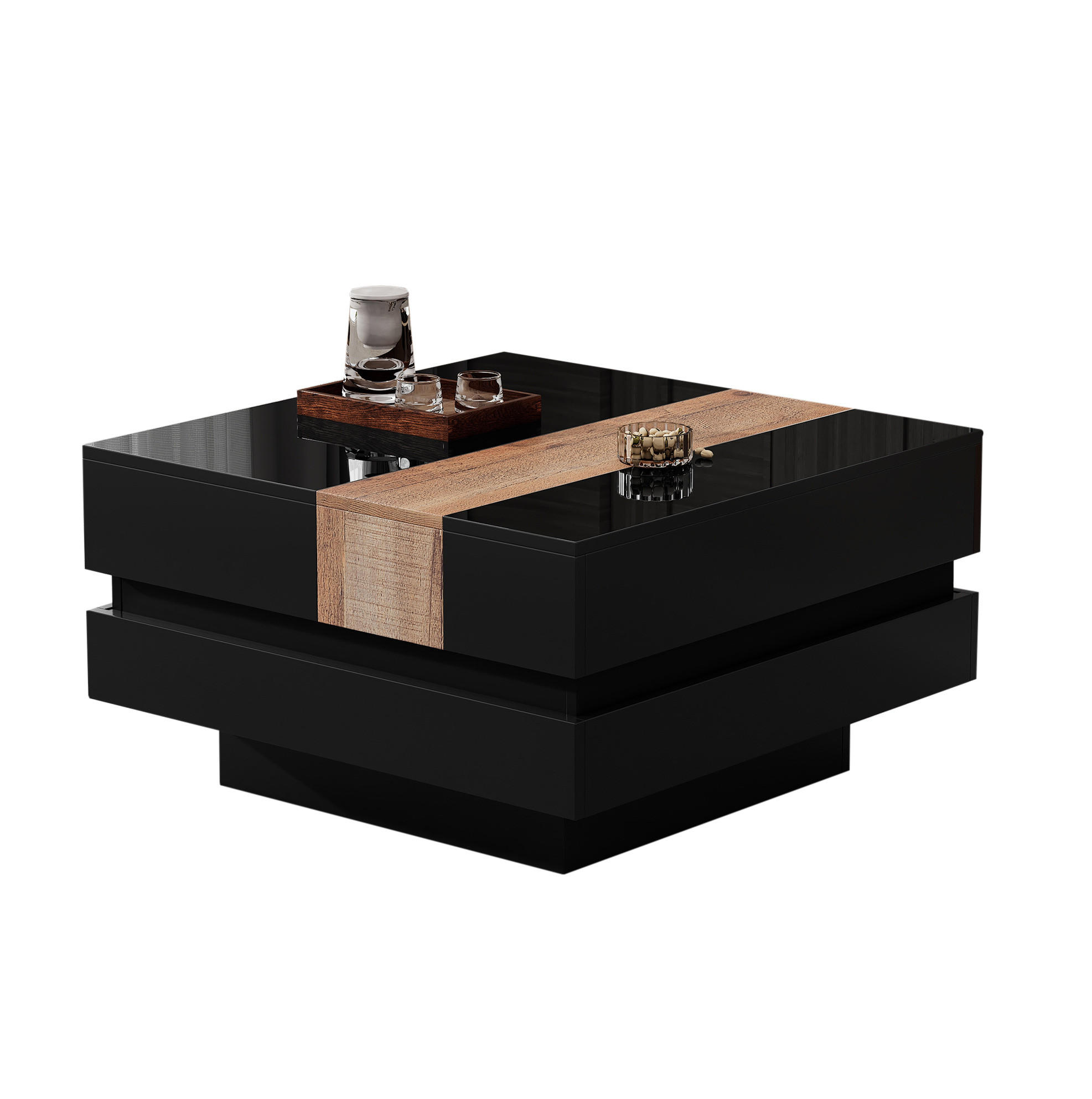 COUCHTISCH mit ausziehbarer Platte & Stauraum, MDF/PB, Schwarz-Holz Optik, Hochglanz, 70/70/39 cm,Schwarz - Schwarz, Holzwerkstoff (70/70/39cm) - Redom