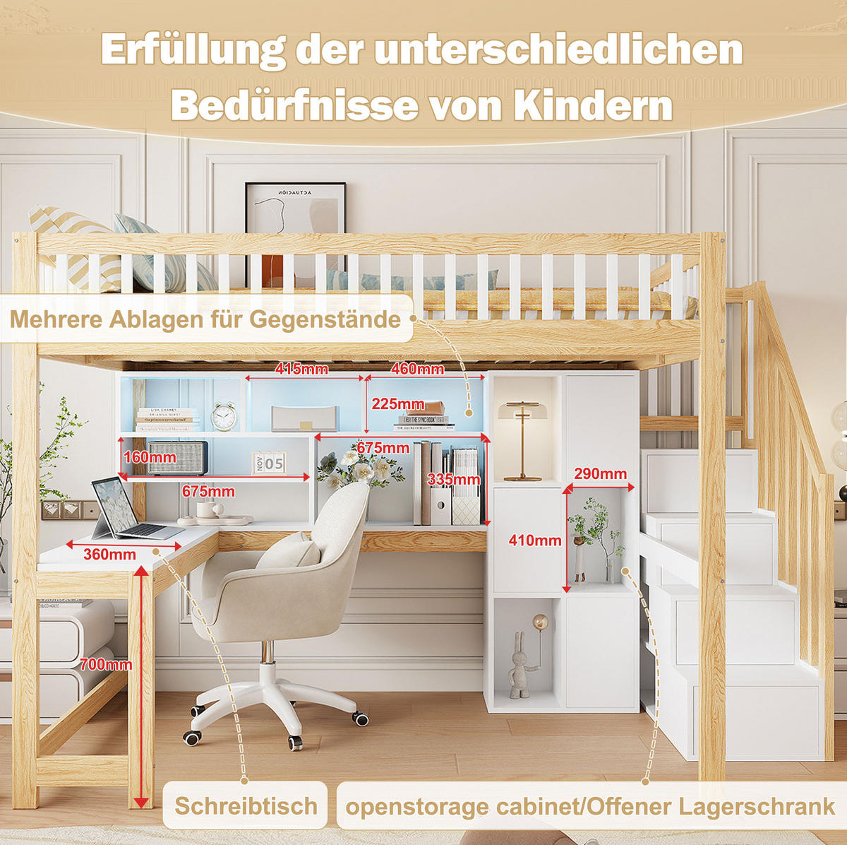 HOCHBETT mit Schreibtisch 251/145/180 cm in Weiß/Natur mit Ablageleiter - Weiß, Holz (140/200cm) - BEAOK