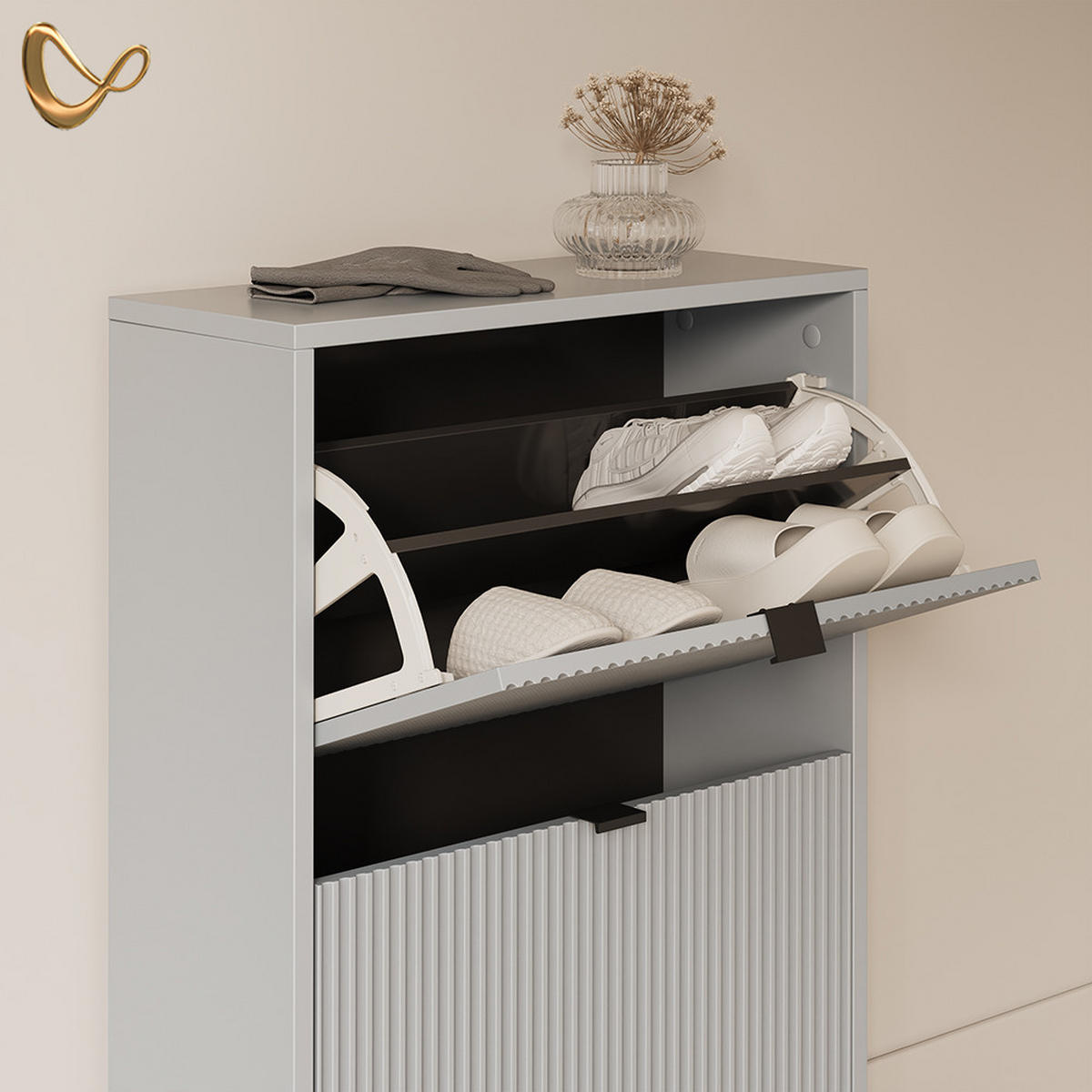 SCHUHKIPPER Aterno Grau 60 x 92 cm mit 2 Klappschubladen - Grau, Holzwerkstoff (60/92/24cm) - Livinity®