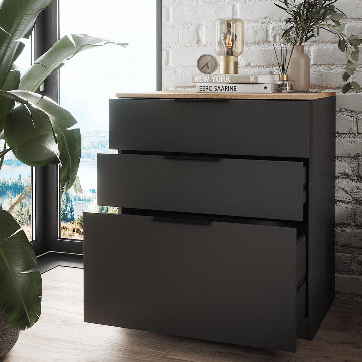 KOMMODE Betti Anthrazit 80 x 90 cm - Anthrazit/Sonoma Eiche, Holzwerkstoff (50/90/80cm) - Vicco