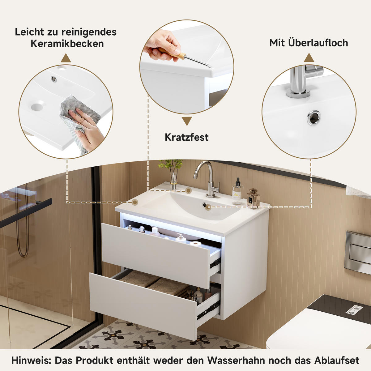 WASCHTISCH 61×46×45 cm, weiß, wandhängend, lackiert, mit LED-Radarsensor, 2 Schubladen, leisen Schienen und integriertem Waschbecken - Weiß, Holzwerkstoff (46/45/61cm) - Ej. Life