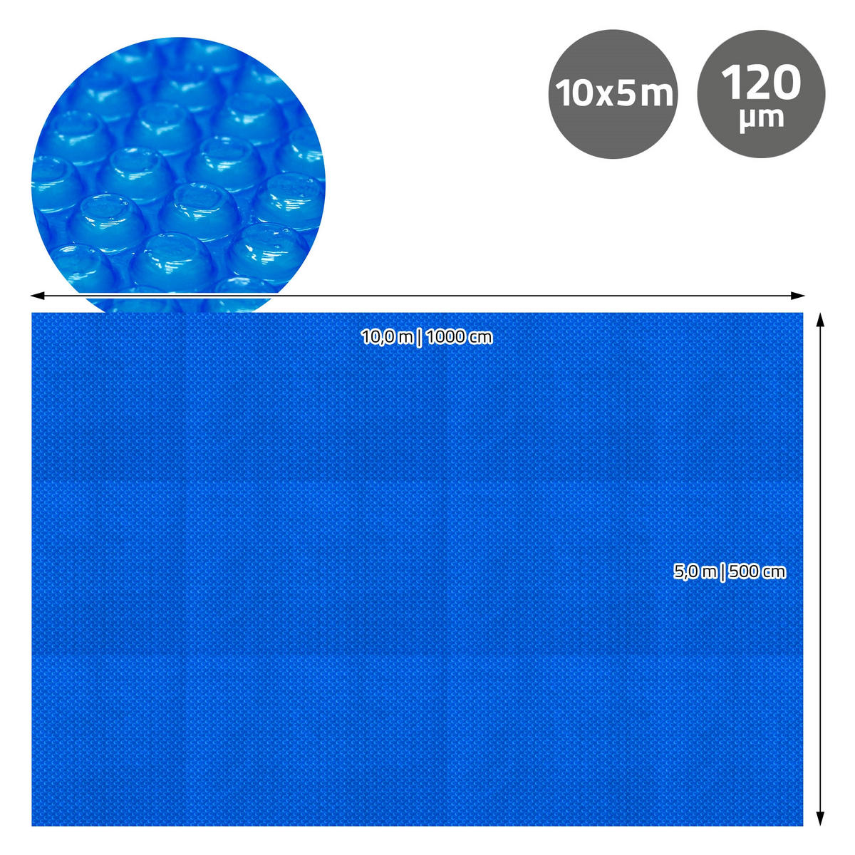 BAZÉNOVÁ SOLÁRNÍ FÓLIE obdélníková 1000x500 cm modrá 120 µm z PE vzduchové bublinky - modrá, plast (1000/500cm) - ECD-Germany