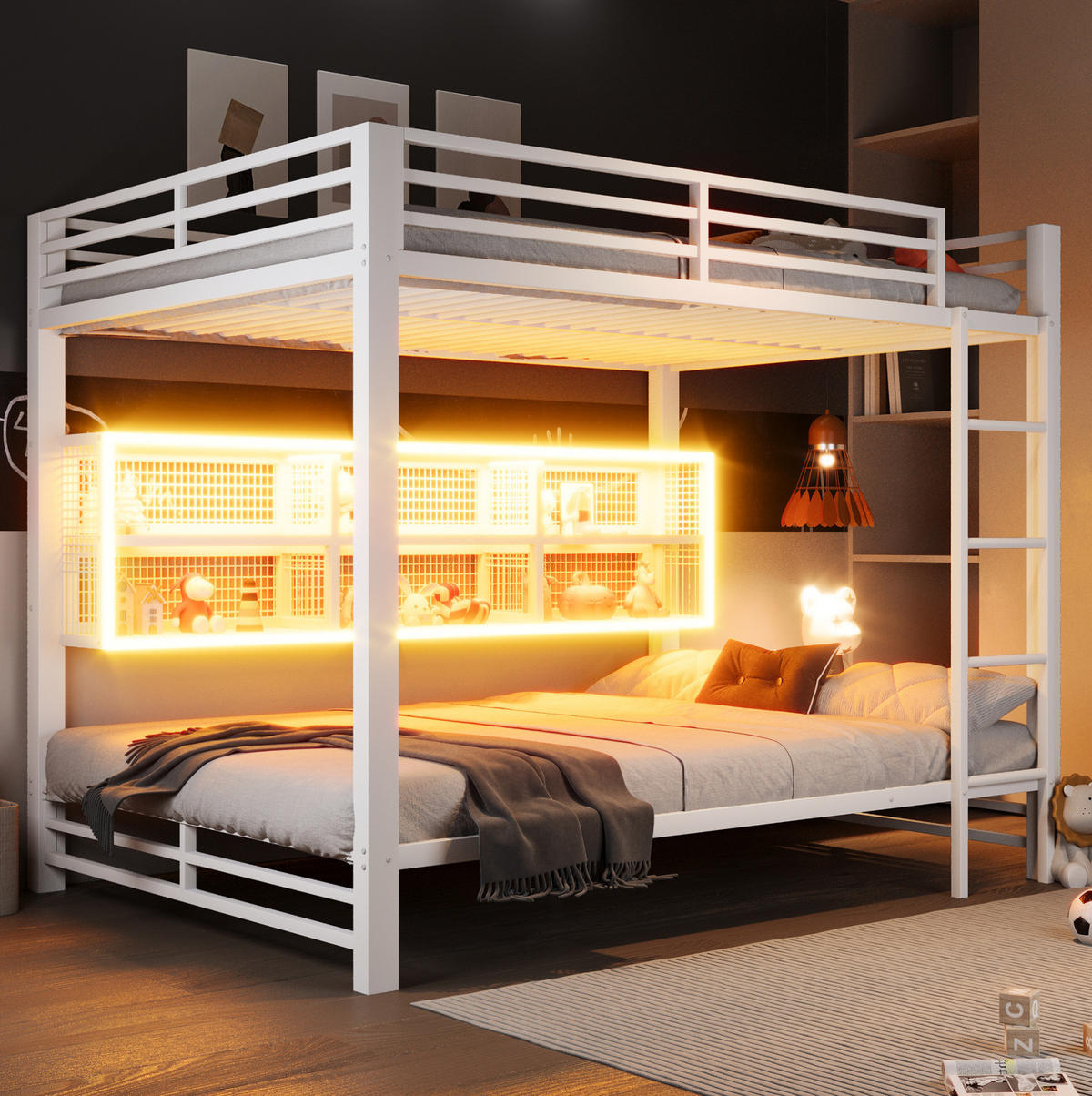 ETAGENBETT 140/200 cm aus Metall mit 6 Stauraumschränken und LED-Beleuchtung - Weiß, Metall (140/200cm) - BEAOK