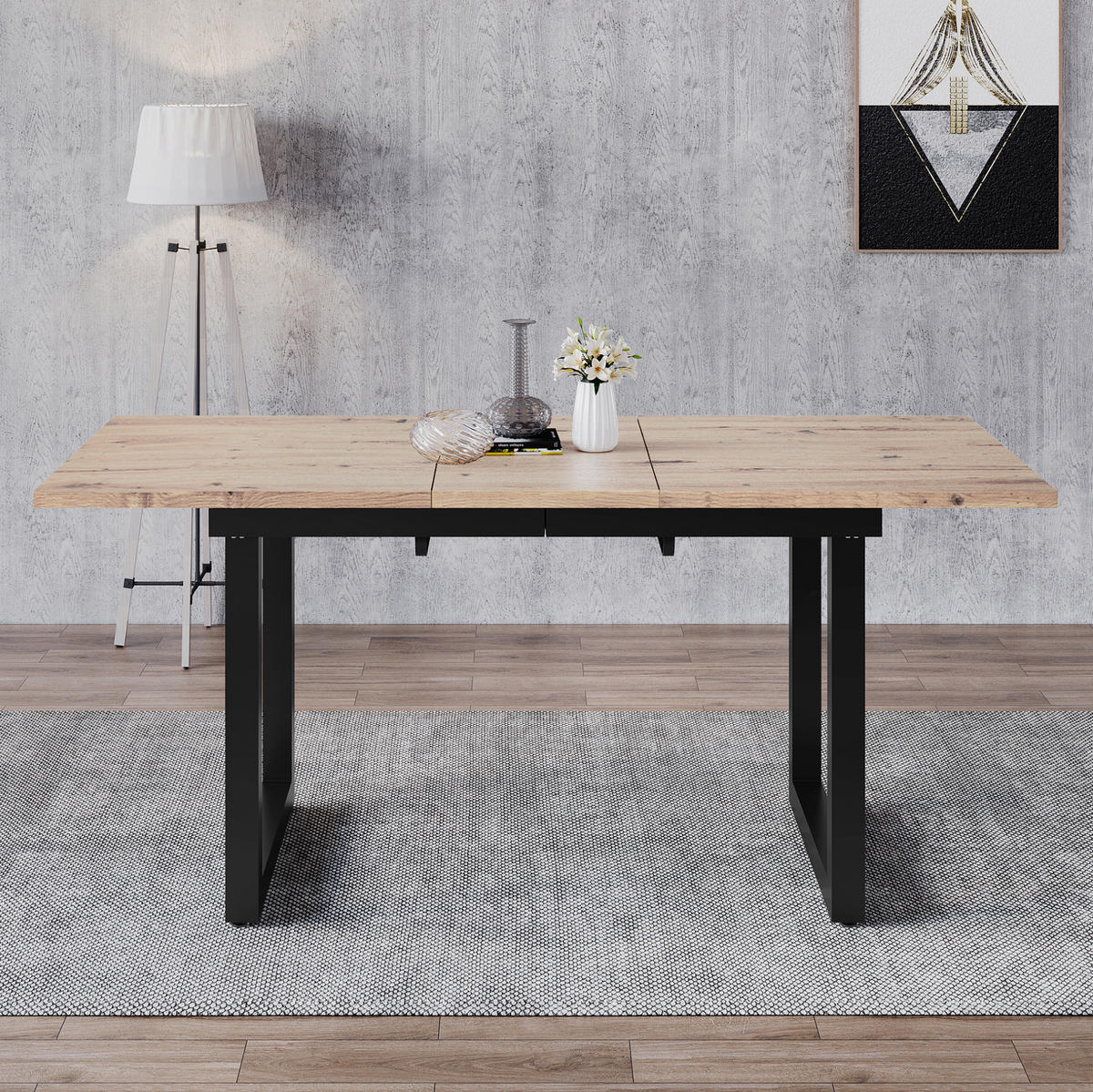ESSTISCH ausziehbar Industrial-Stil MDF Schwarz + Natural - Schwarz, Metall (180/80/75cm) - Meubliv
