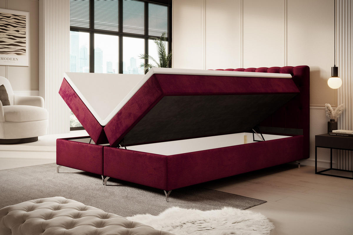 BOXBETT CHESTER 140x200, mit Matratze H3 und Topper, Monolith 59 - Rot, Holz/Textil (140/200cm) - Bedante