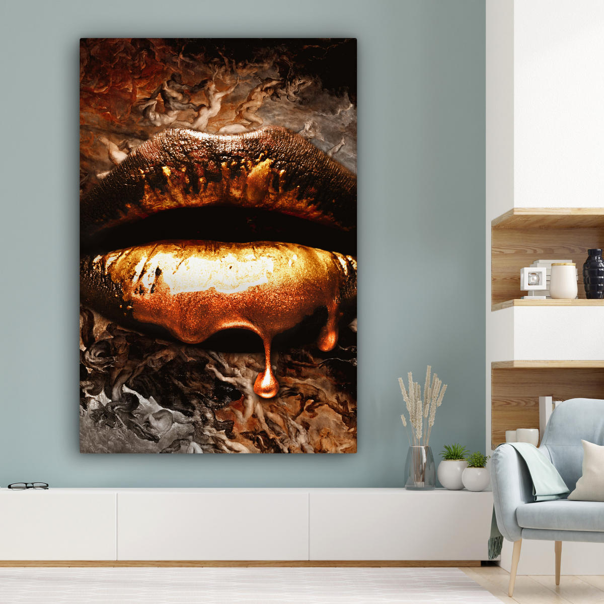 OBRAZ NA PLÁTNĚ Zlato - Rty - Umění - Zlato - Luxus - Abstraktní 90x140 cm - měděná, textil (90/140cm) - MuchoWow