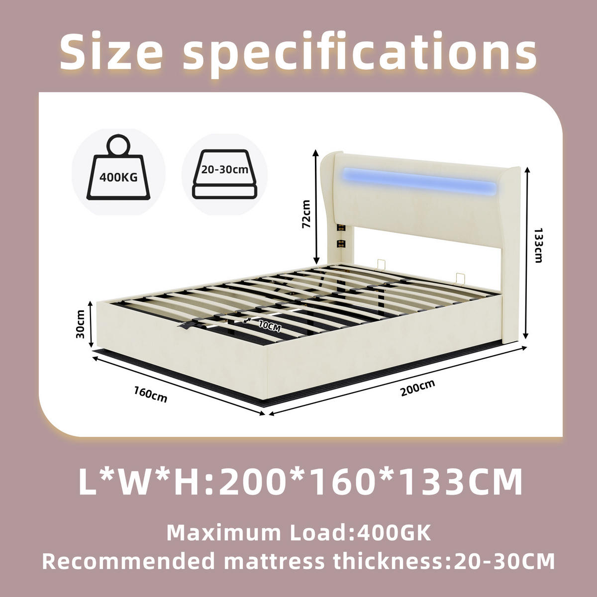STAURAUMBETT 160/200 cm DE-32986 mit LED-Kopfteil und Matratze Beige - Beige, Metall (160/200cm) - ComfortXL