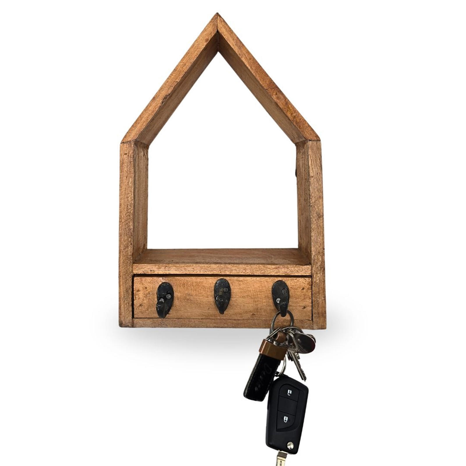 SCHLÜSSELBRETT Home Massivholz, 3 Haken, Schublade naturfarben - Naturfarben, Holz (9/34/22cm) - CREEDWOOD