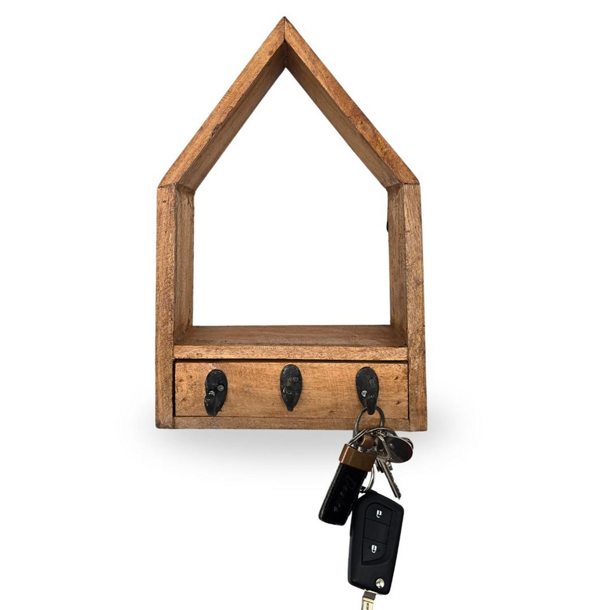SCHLÜSSELBRETT Home Massivholz, 3 Haken, Schublade naturfarben - Naturfarben, Holz (9/34/22cm) - CREEDWOOD