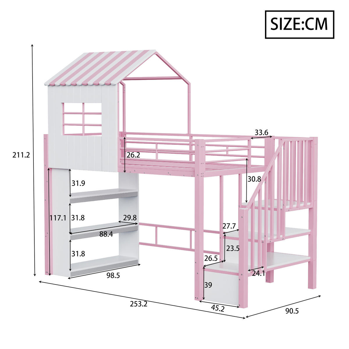 HOCHBETT 90/200 cm rosa/weiß aus Metall und MDF mit Treppe und Regal - Rosa, Metall (90/200cm) - OKWISH