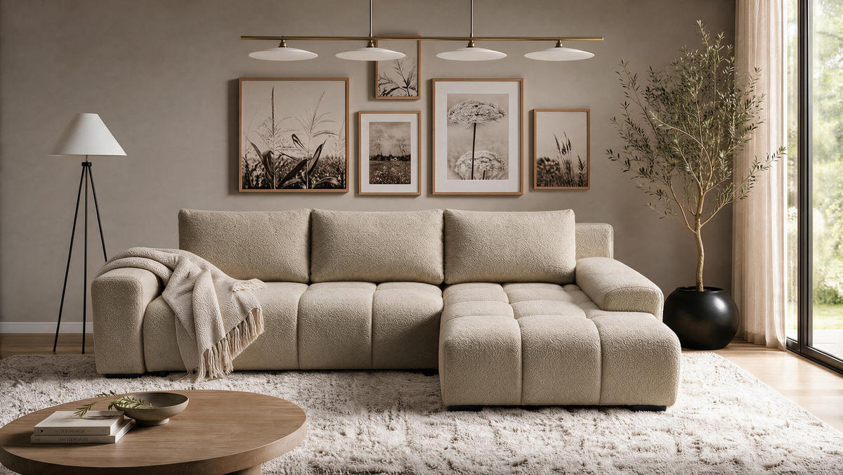 ECKSOFA Ovia mit Bettkasten und Schlaffunktion, Bouclé-Stoff in L-Form - Cappuccino, Textil (270/185cm)