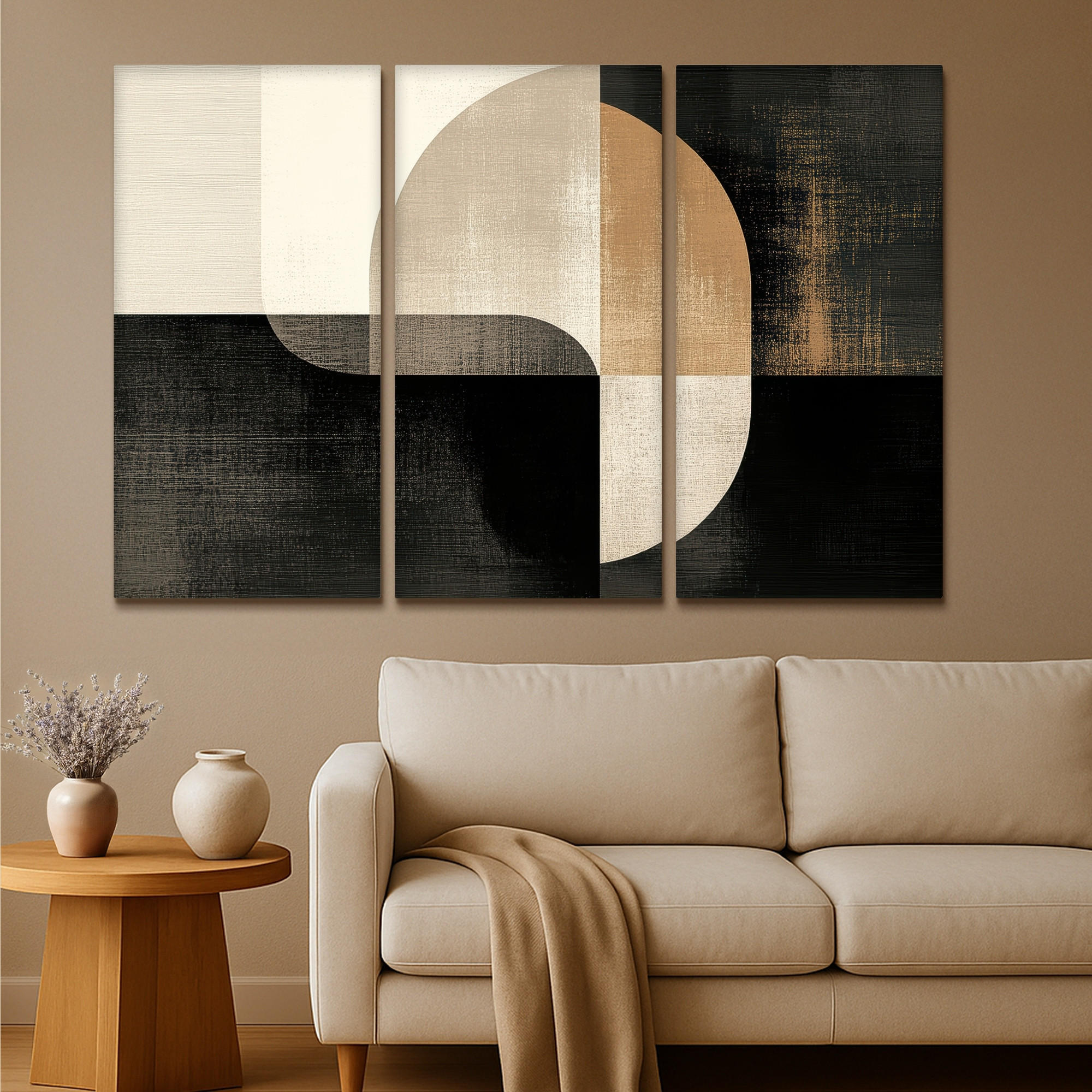 LEINWANDBILD 3er Set Formen - Abstrakt - Gold 150x100 cm - Schwarz, Textil (150/100cm) - MuchoWow