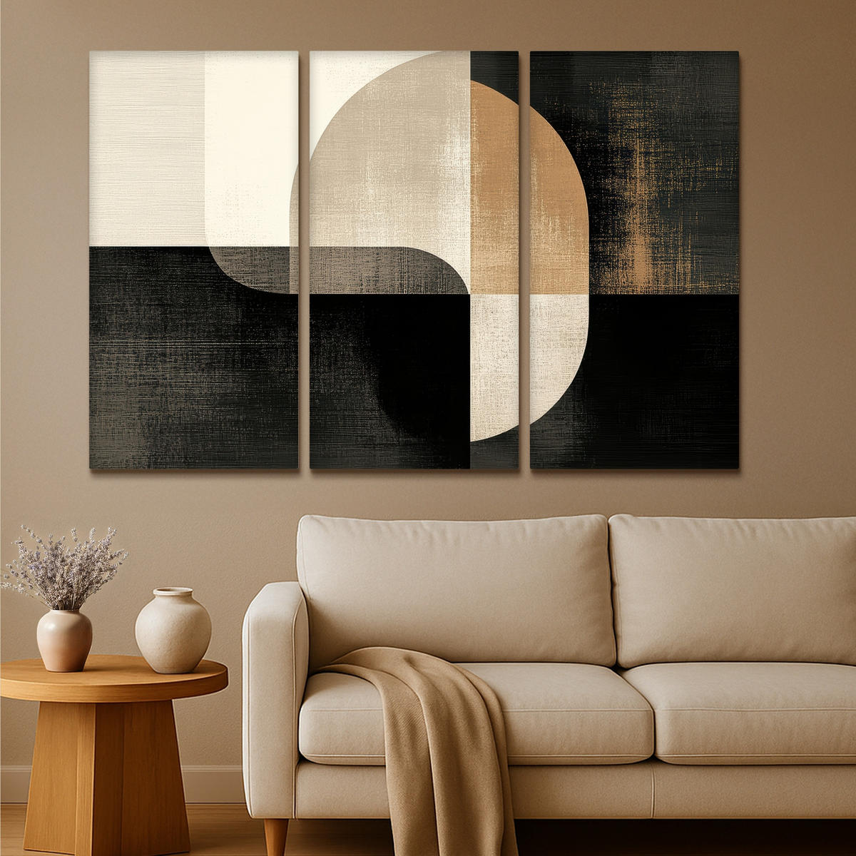 LEINWANDBILD 3er Set Formen - Abstrakt - Gold 150x100 cm - Schwarz, Textil (150/100cm) - MuchoWow