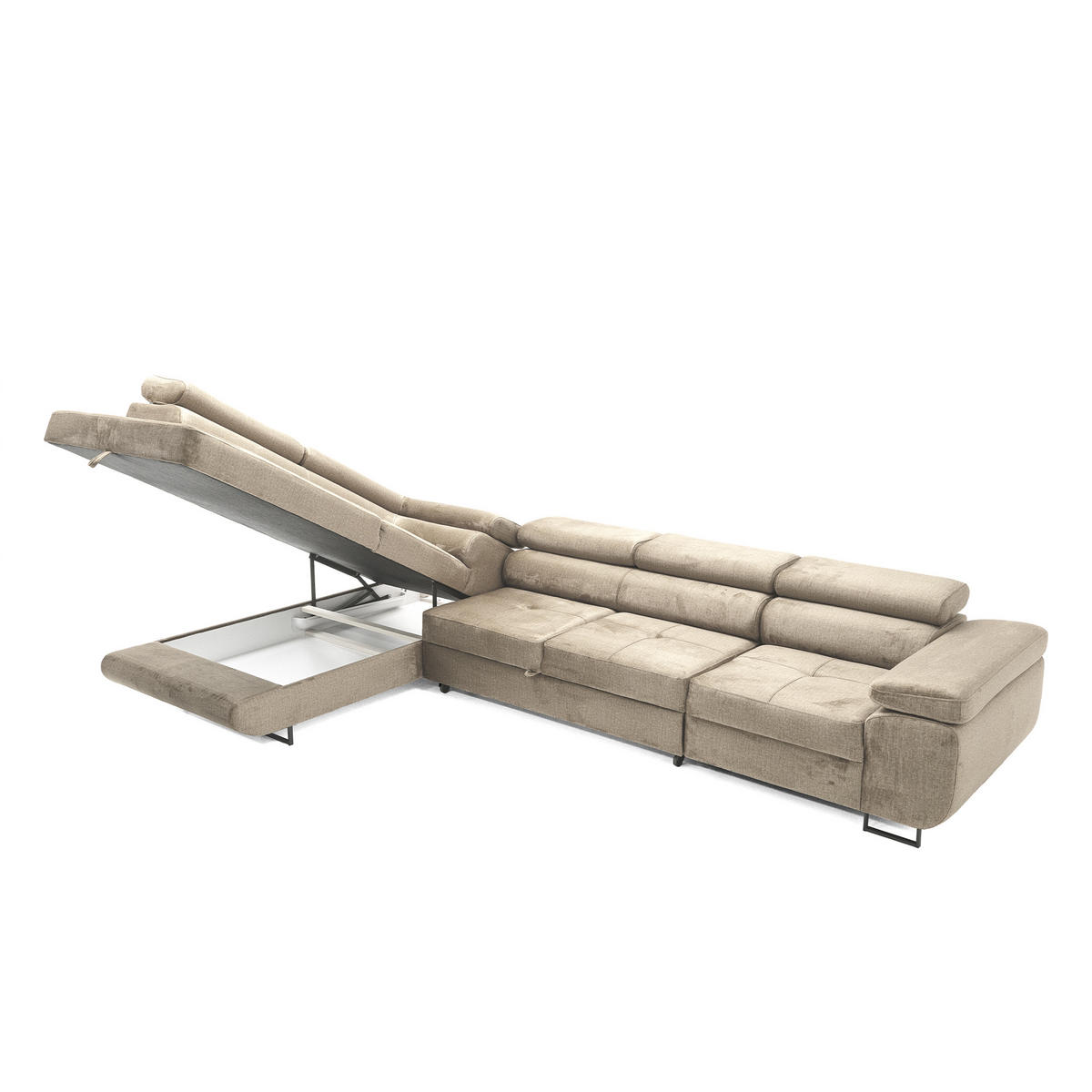 ECKSOFA WILD MAXI L Links mit Schlaffunktion 125x195 Velours Beige - Chromfarben/Beige, Holz/Textil (203/350cm) - Muffo