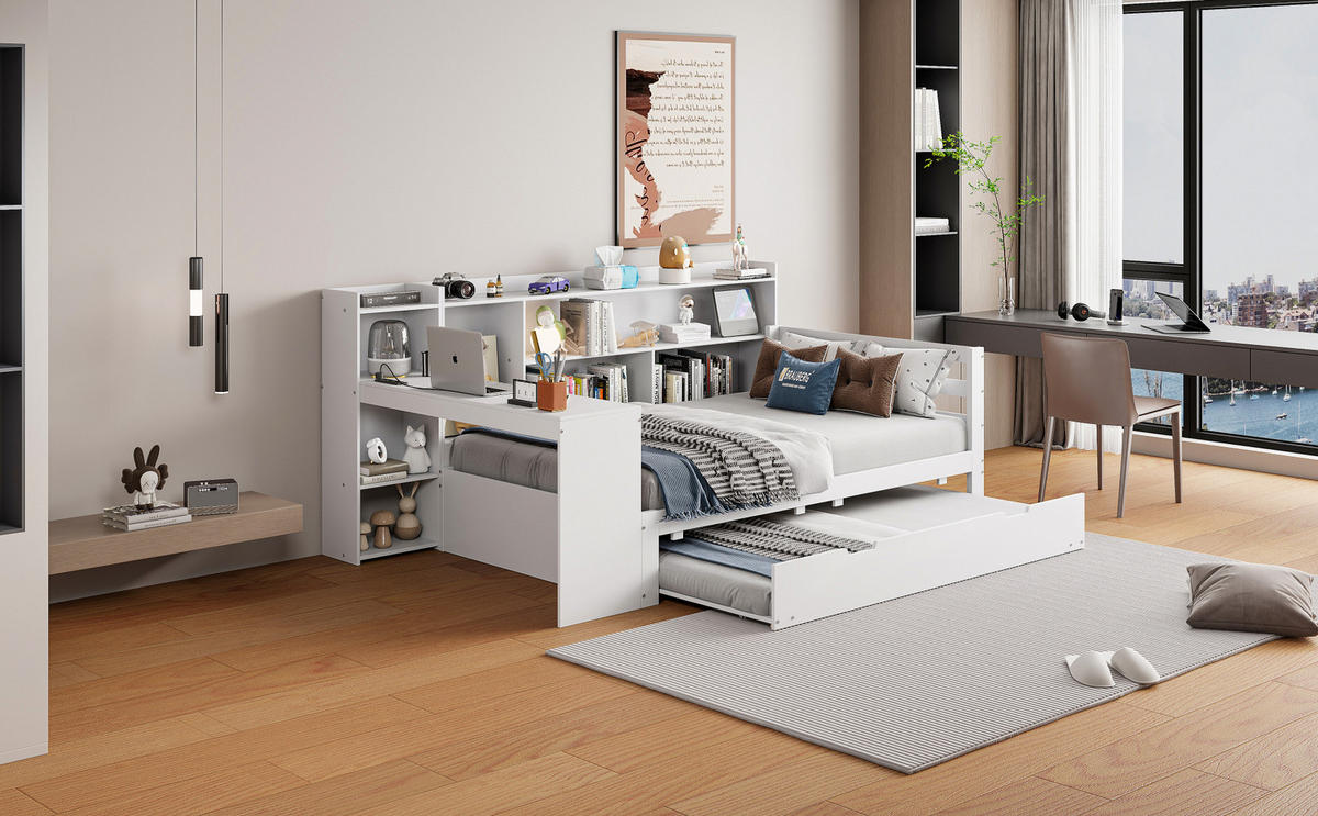 BETT 90/200 cm Weiß aus Massivholz mit Bett und Schreibtisch - Weiß, Holz (90/200cm) - OKMYHOME