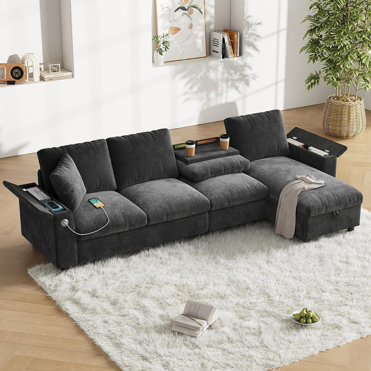 ECKSOFA L-förmige Ecke und zwei Armlehnen mit Stauraum,Chenille-Stoff,Grau - Grau, Textil (137/280cm) - KOMHTOM