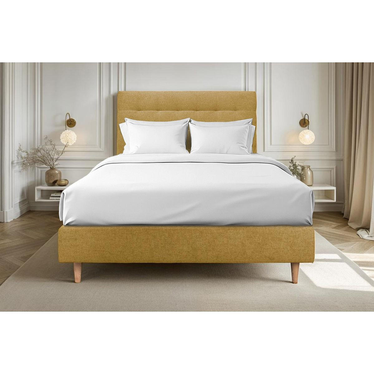 KOPFTEIL gepolstert - Gesteppt – gelber Stoff - 150 cm - Gelb/Beige, Karton/Holz (150/120/10cm) - Sommeil de Plomb