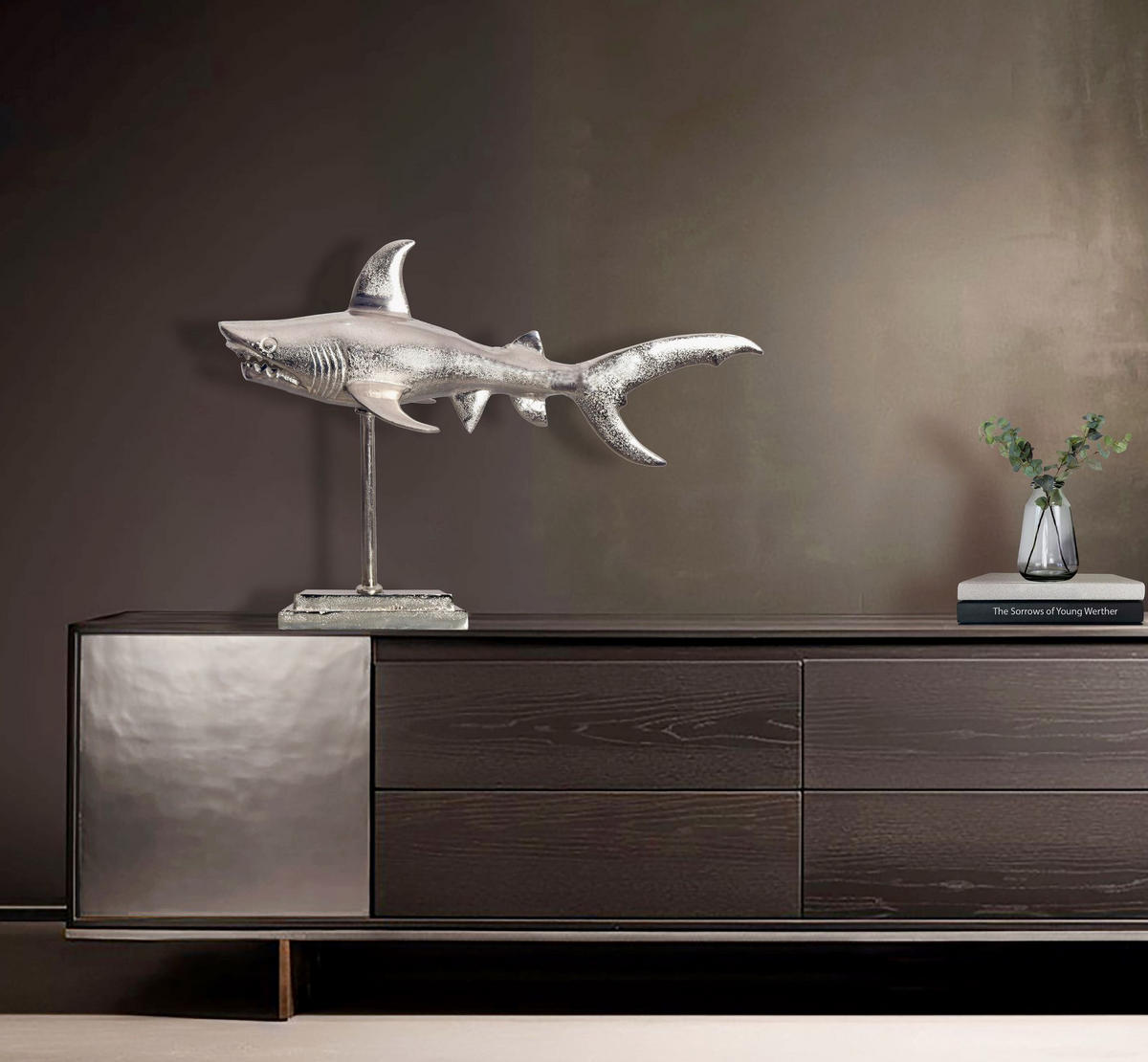 DEKOFIGUR Hai Aluminium 70 cm mit Sockel im maritimen Stil, Silbern 70x27x49 cm - Silberfarben, Metall (70/49/27cm) - KADIMA DESIGN